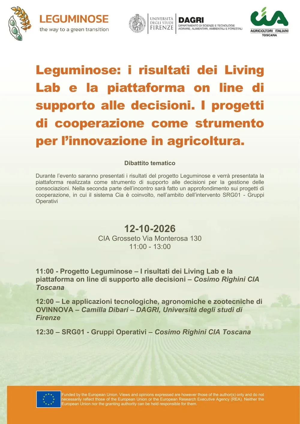 Progetto Leguminose. Incontro a Grosseto il 12 ottobre 2026. Si parlerà anche del progetto OVINNOVA